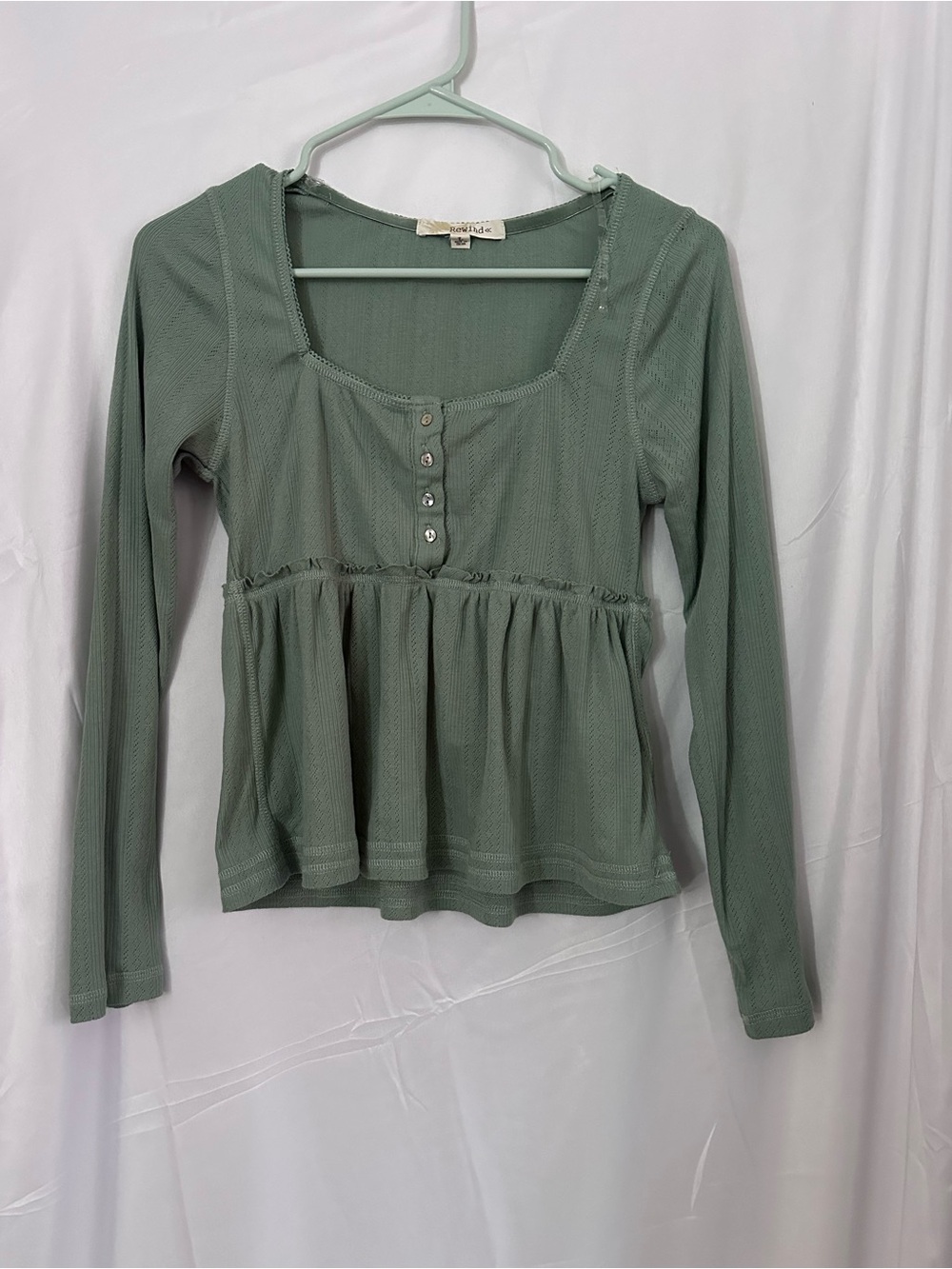 Rewind Sage Green Long Sleeve Peplum Henley Top